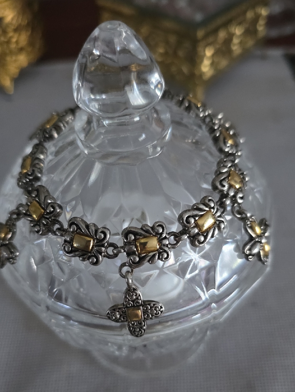 PD&C Two-Tone Silver and Gold Floral Link Bracelet with Cross Charm